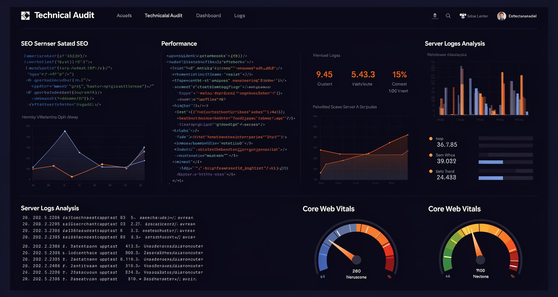 Dashboard de auditoría SEO técnica con métricas de rendimiento y análisis de logs