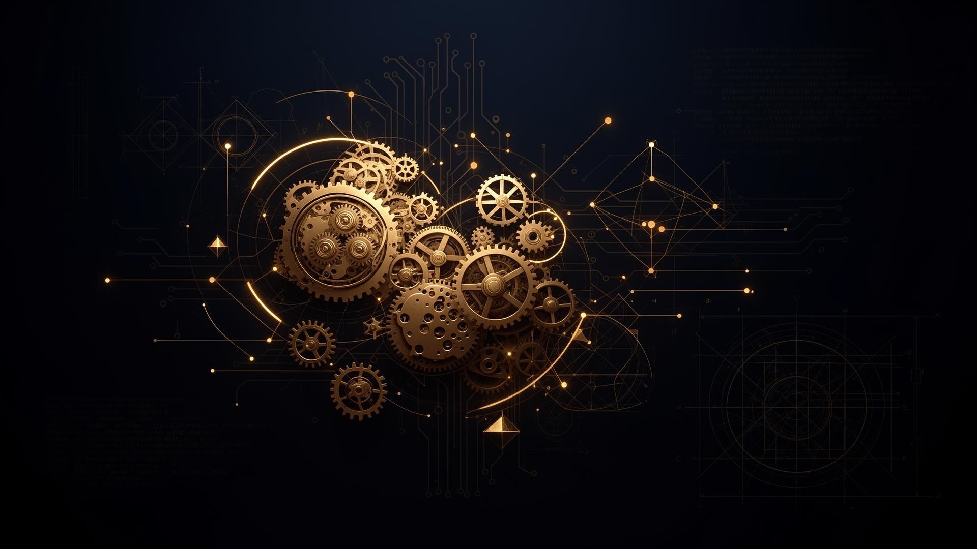 Ingeniería de desarrollo web de autoridad — engranajes dorados y circuitos sobre fondo oscuro