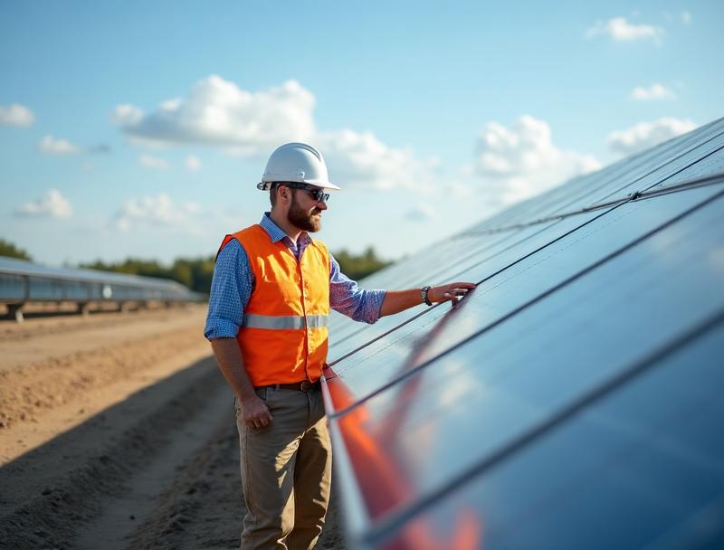 Ingeniero inspeccionando paneles solares fotovoltaicos en planta industrial