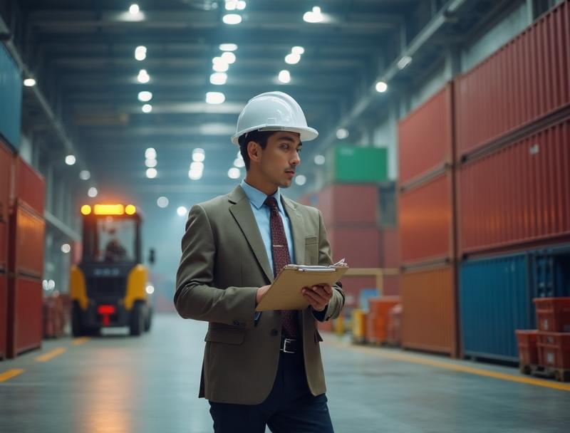 Profesional de logística inspeccionando contenedores en almacén internacional
