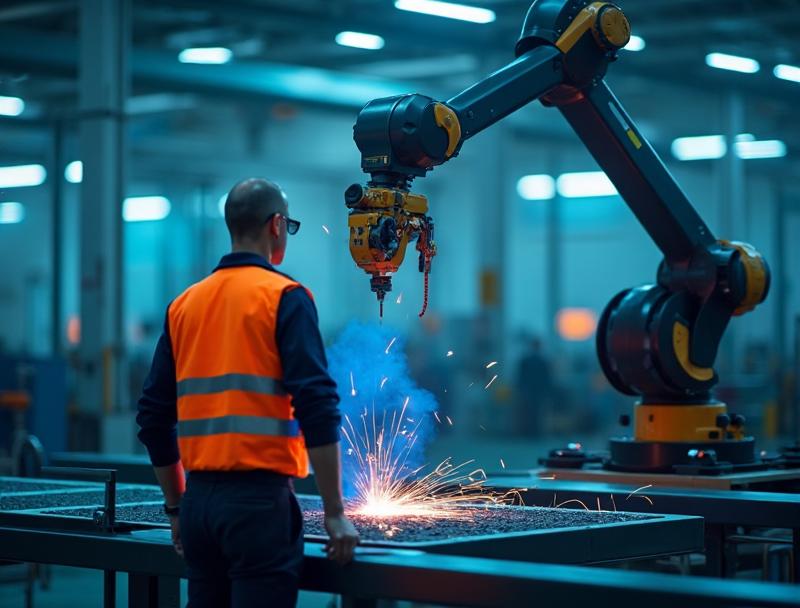 Ingeniero supervisando brazo robótico en línea de producción industrial