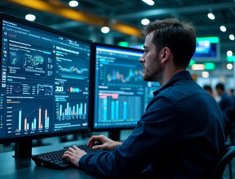 Ingeniero analizando dashboards de ERP y métricas de producción en sala de control