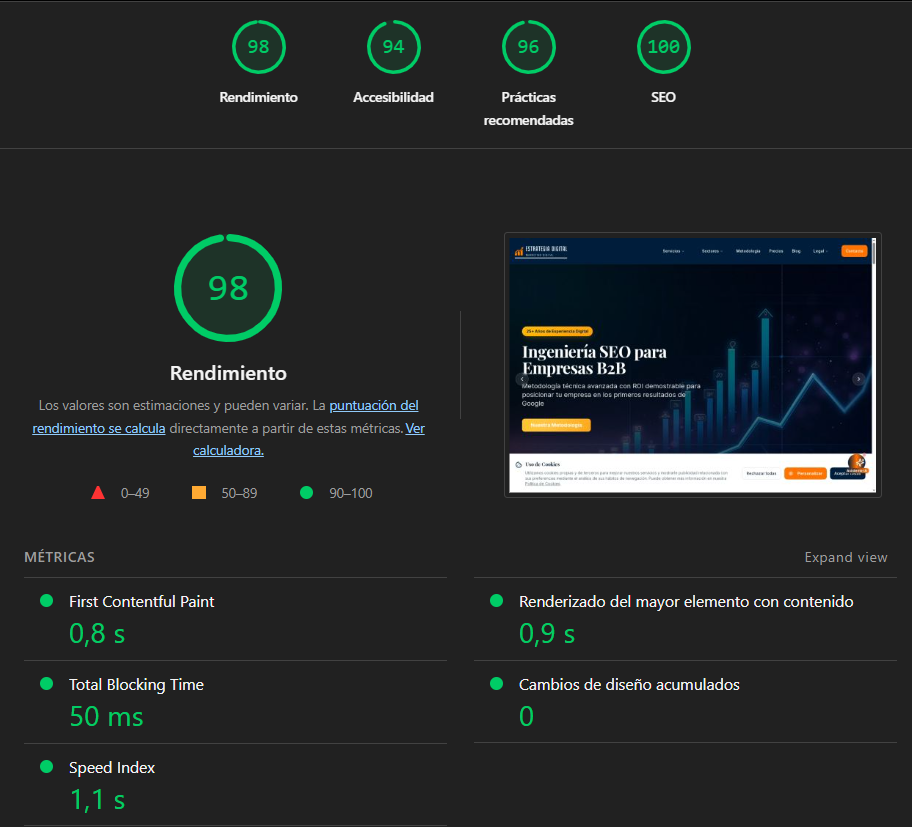 Lighthouse Score 98 Performance - Estrategia Digital by Aclass