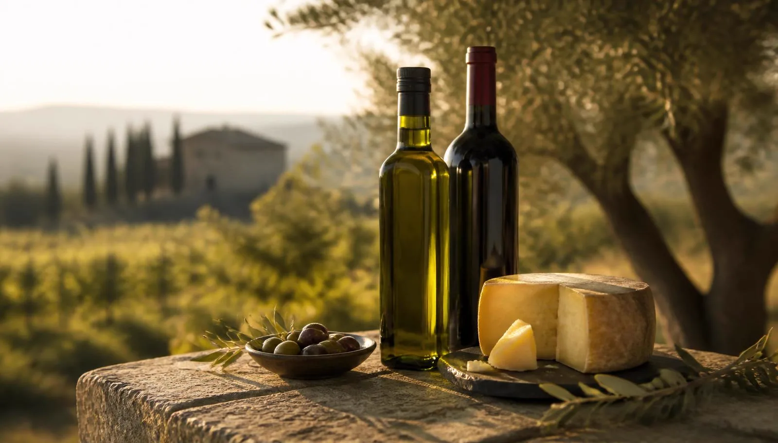 Aceite de oliva virgen extra, vino y queso artesano sobre mesa de piedra con olivar al fondo
