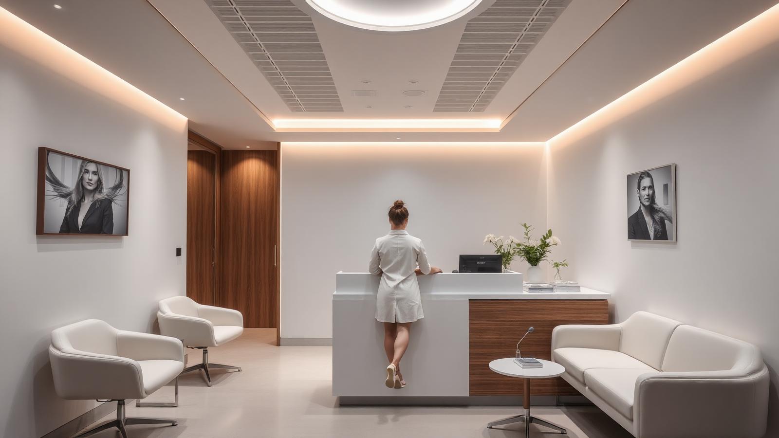 Recepción moderna y minimalista de clínica capilar premium en Madrid