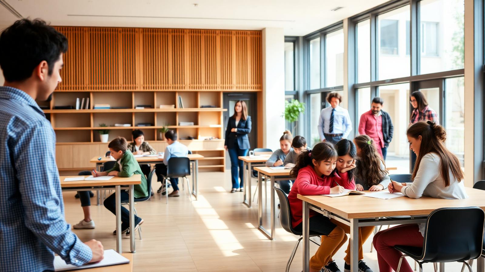 Aula luminosa de colegio privado con alumnos estudiando y profesor supervisando
