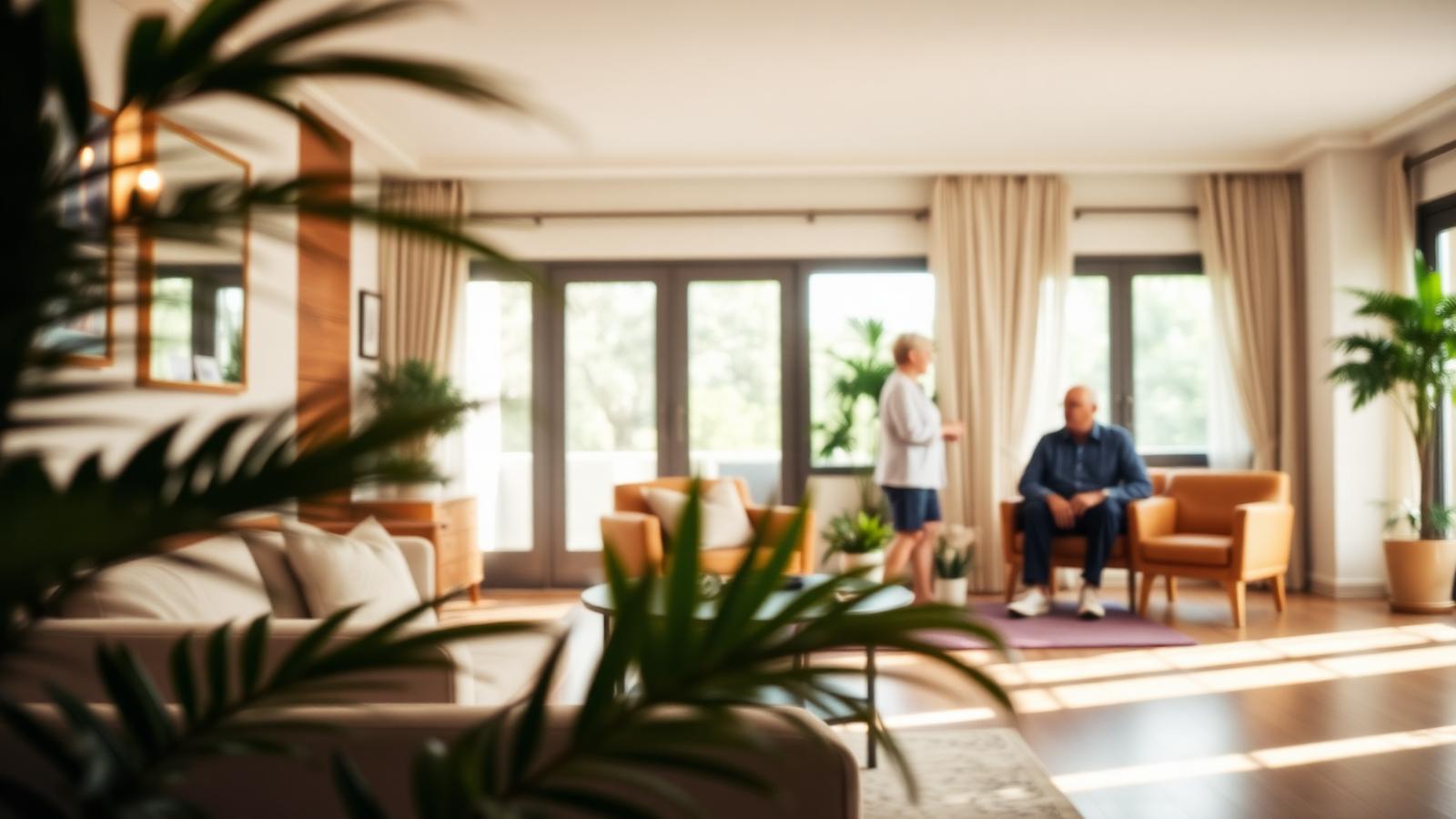 Sala común luminosa de residencia geriátrica premium con familia visitando a un mayor