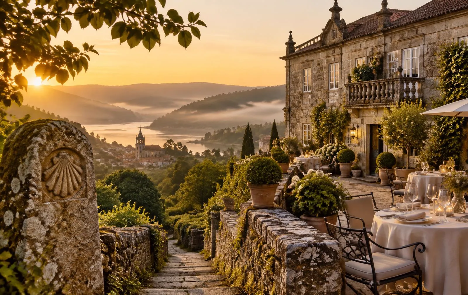 Terraza de un pazo boutique en Galicia al amanecer con un mojón del Camino de Santiago en primer plano