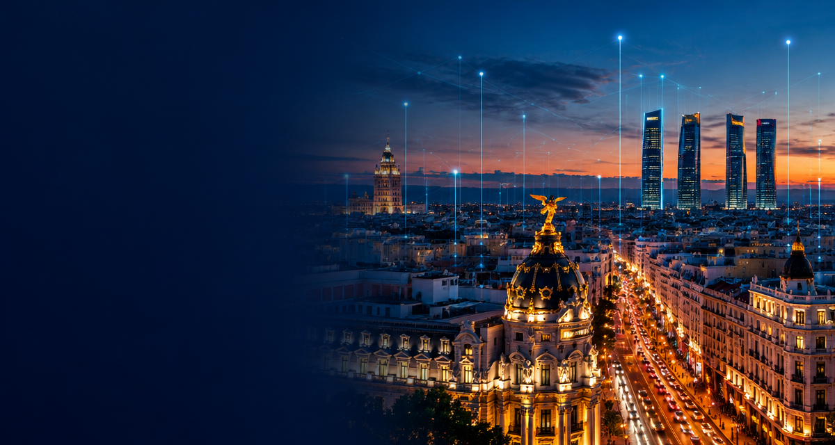 Skyline de Madrid al atardecer con señales digitales de crecimiento sobre la Gran Vía y las Cuatro Torres