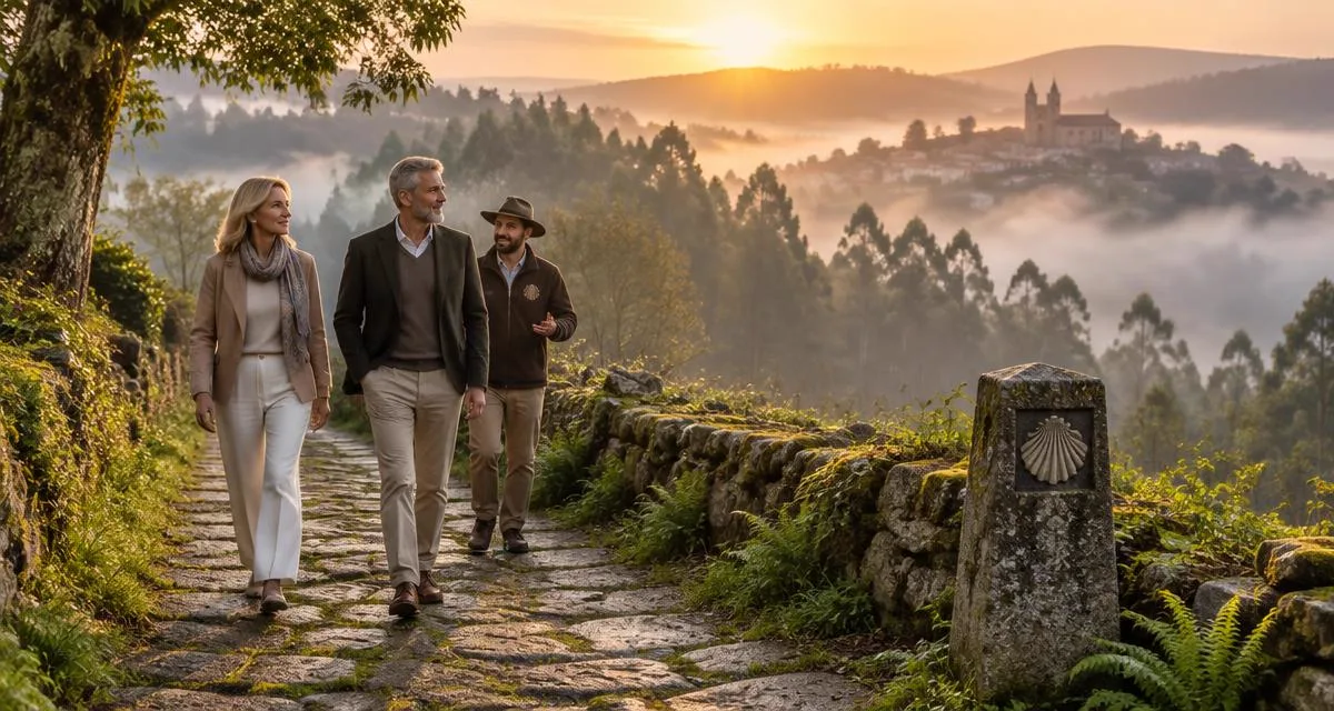 Viajeros caminando una etapa del Camino de Santiago en Galicia al amanecer con guía privado