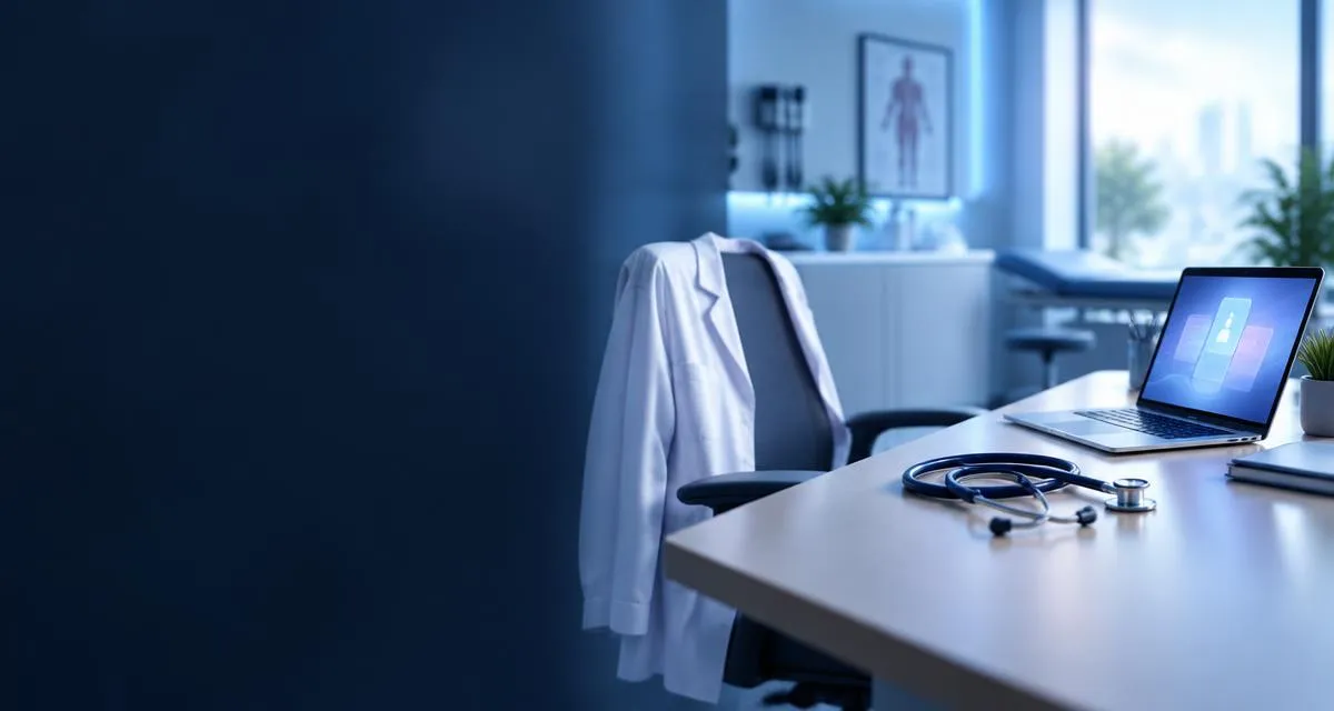 Consulta médica con bata, fonendoscopio y portátil mostrando resultados de búsqueda con IA