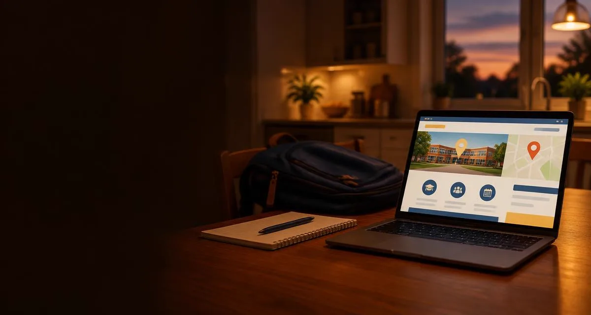 Portátil en una mesa de cocina al atardecer mostrando la web de un colegio con un mapa, junto a una mochila