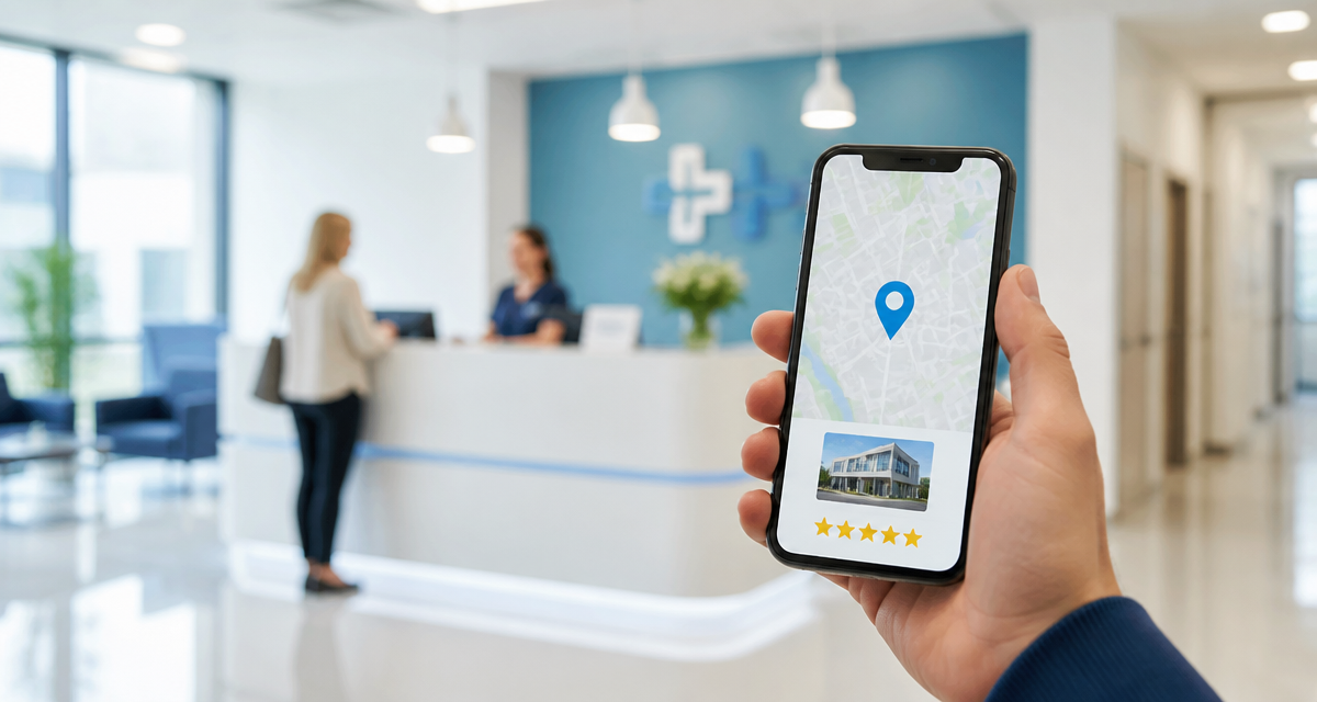 Recepción de una clínica médica junto a un móvil mostrando la ficha del centro en Google Maps con reseñas