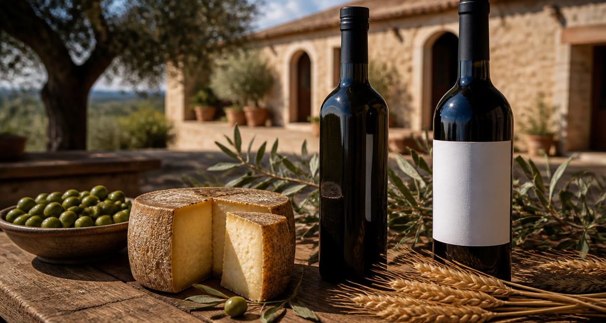 Aceite de oliva, vino y queso artesano sobre mesa de madera en una finca española