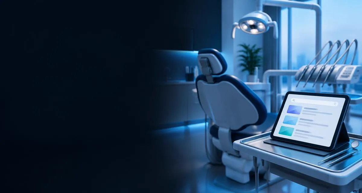 Gabinete dental moderno con sillón y una tableta mostrando resultados de búsqueda