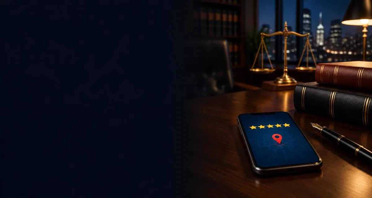 Mesa de despacho de abogados de noche con balanza, libros de derecho y un móvil con valoración de cinco estrellas