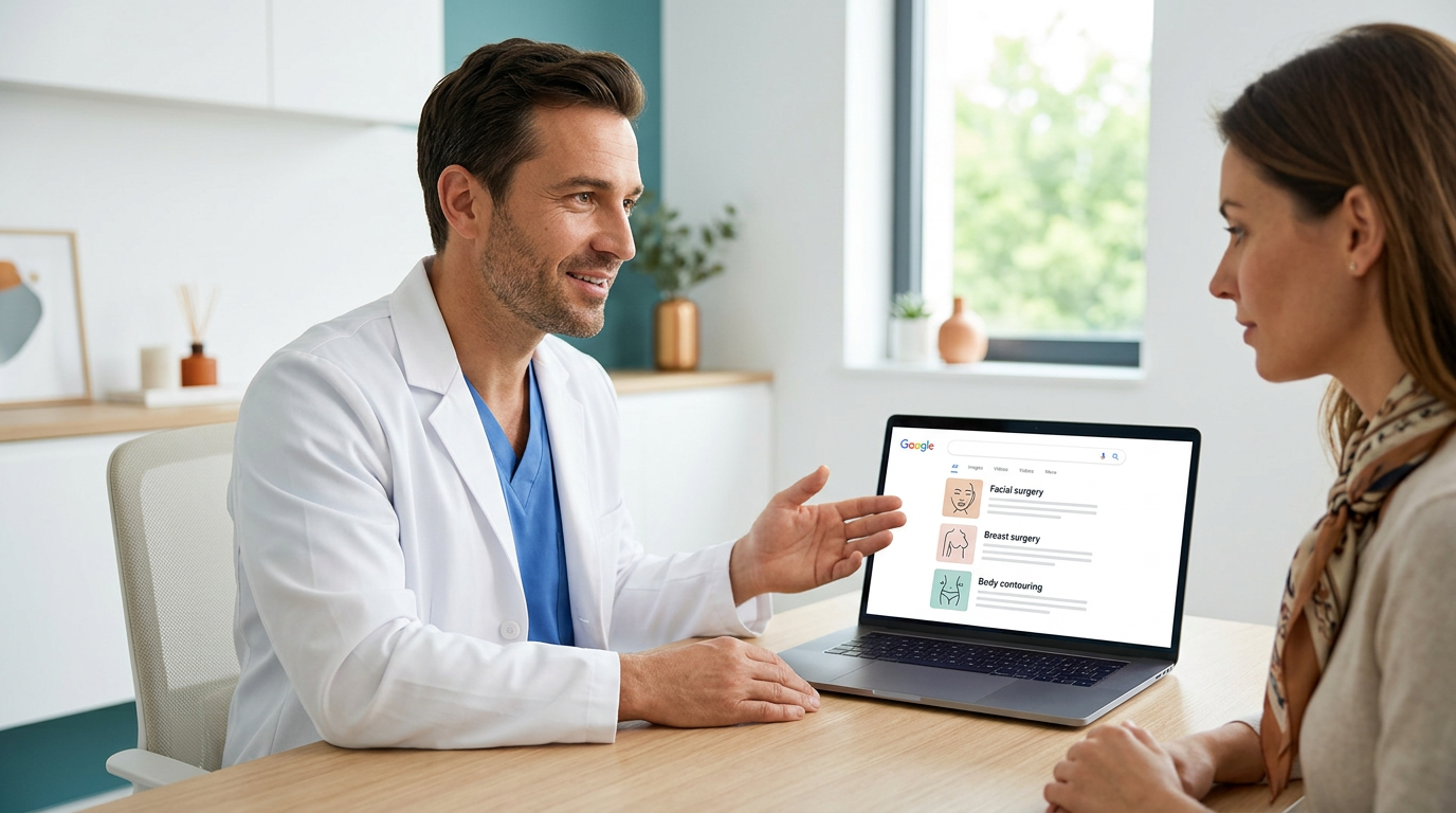 Consulta de cirugía plástica con una tablet mostrando resultados de búsqueda y métricas de captación de pacientes