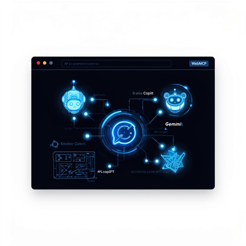 Diagrama de la implementación WebMCP en estrategiadigital.marketing con tools expuestas a agentes de IA Gemini, ChatGPT y Copilot